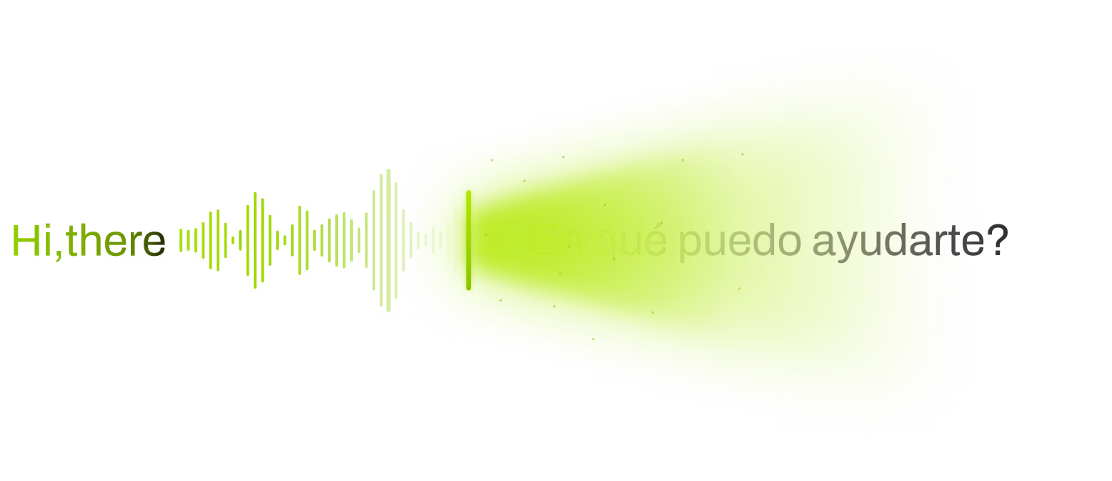 An audio waveform turning the phrase “Hi, there” into “En qué puedo ayudarte?”.