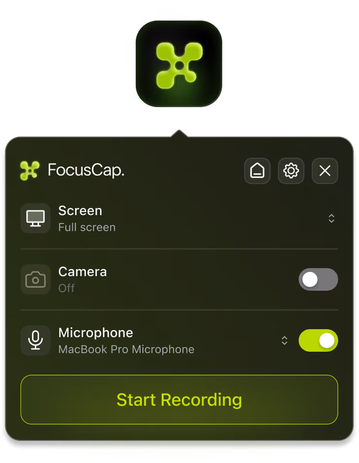 The FocusCap menu bar app with screen, camera and microphone controls above a Start Recording button.