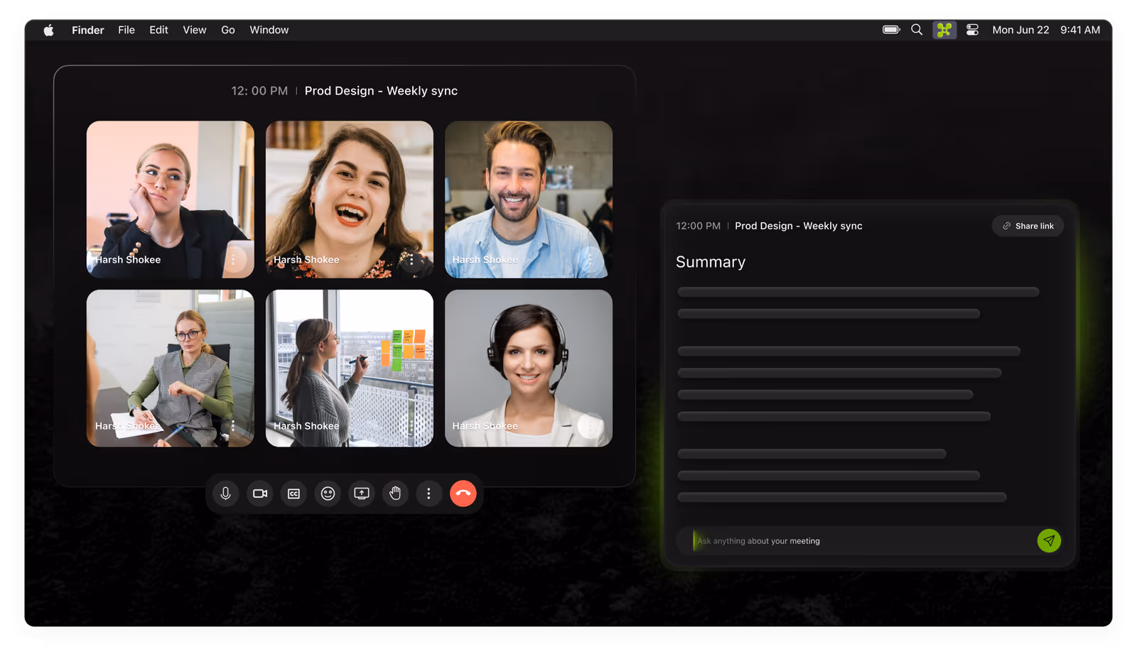 A video call with six participants beside an AI-generated meeting summary panel.