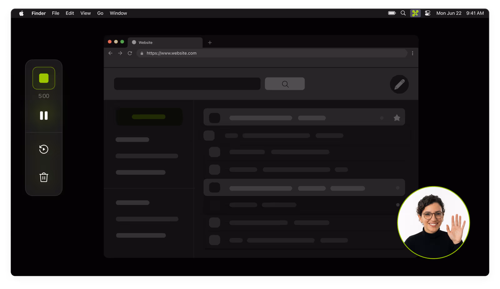 A macOS desktop with the FocusCap recording toolbar docked to the left of a browser window.