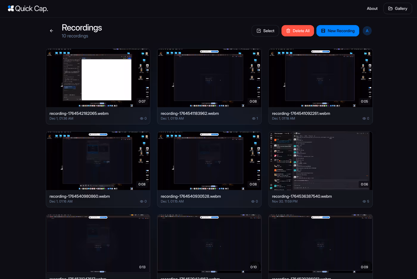 Gallery page showing all recordings